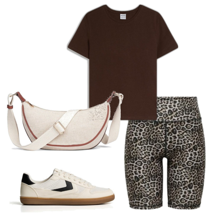 Outfit mujer - Casual. Estilo Casual para Todos los días. Combinación con riñoneras, sneakers, shorts, camiseta.