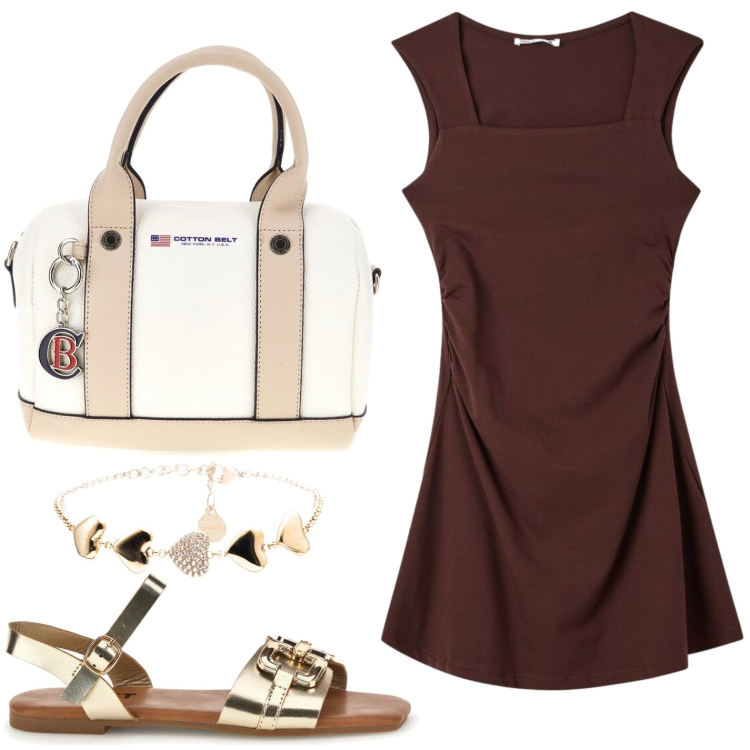 Outfit donna - Accessori gold. Stile Glamour per Serata fuori. Abbinamento con vestiti corti, braccialetti, borse a mano, sandali.