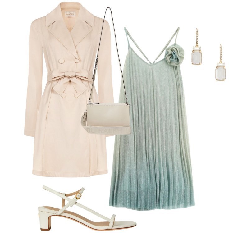 Outfit donna - Cerimonia time. Stile Chic per Cerimonia. Abbinamento con trench, vestiti corti, borse a tracolla, orecchini, sandali in pelle.