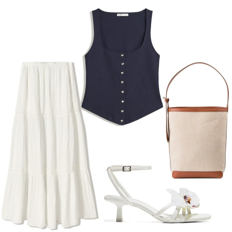 Outfit mujer - Romantica. Estilo Romántica para Todos los días. Combinación con bolsos saco, falda longuette, sandalias de tacón, top.