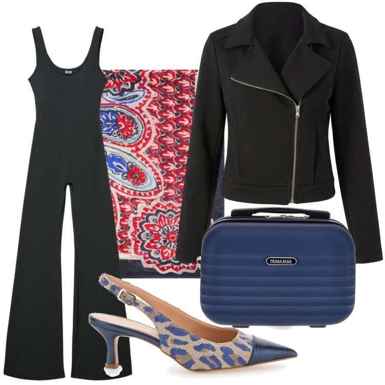 Outfit donna - Slingback leopardata blu. Stile Casual per Tutti i giorni. Abbinamento con tute, giacche, foulard, décolleté, valigie.