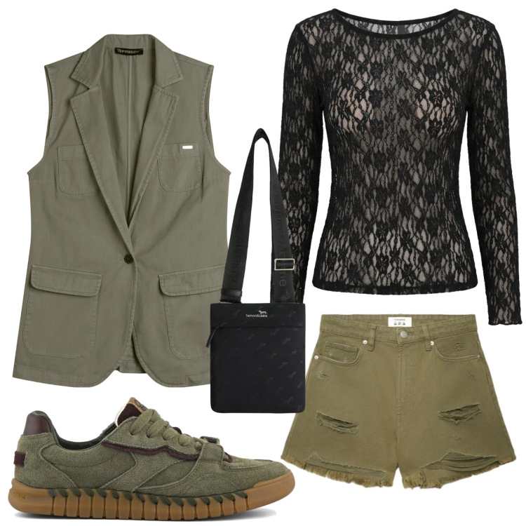 Outfit donna - Short stracciati. Stile Basic per Tutti i giorni. Abbinamento con shorts, borse a tracolla, bluse, gilet, sneakers.