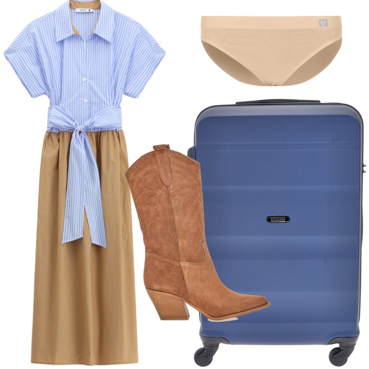 Outfit donna - Texani in valigia. Stile Boho per Tutti i giorni. Abbinamento con vestiti midi/longuette, culotte, stivaletti texani, valigie.