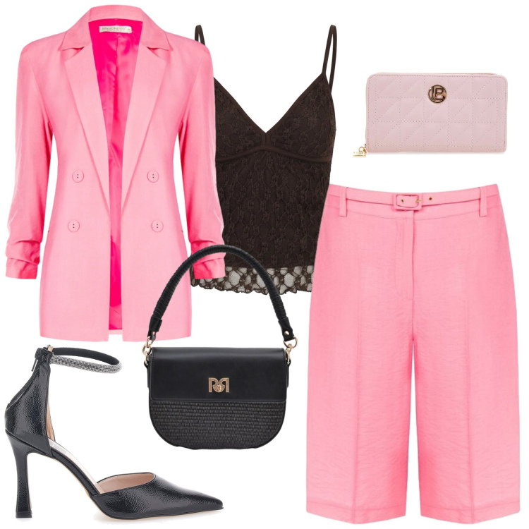 Outfit donna - Rinascimento. Stile Urban per Tutti i giorni. Abbinamento con bermuda, borse a spalla, blazer, canottiere, portafogli, décolleté.