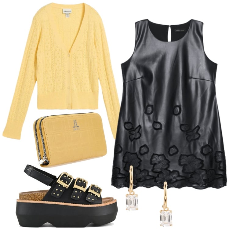 Outfit donna - Stilosa in pelle. Stile Casual per Tutti i giorni. Abbinamento con cardigans, vestiti corti, orecchini, sandali col tacco, portafogli.