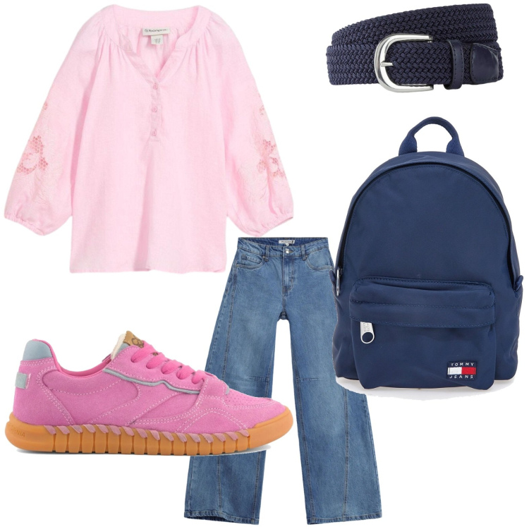 Outfit donna - Romantica. Stile Casual per Tutti i giorni. Abbinamento con tuniche, cinture, jeans, sneakers, zaini.