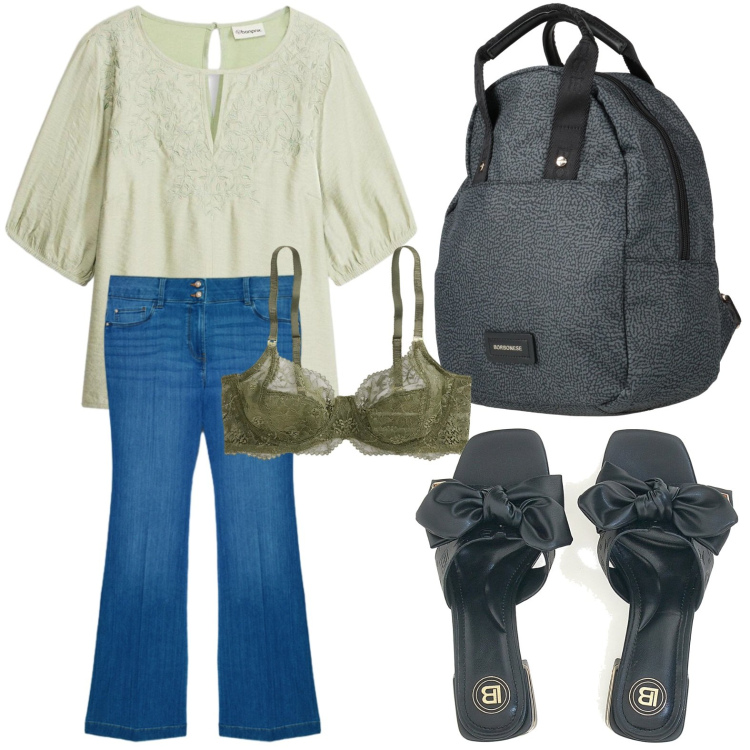 Outfit donna - Blusa ricamata. Stile Casual per Tutti i giorni. Abbinamento con zaini, bluse, jeans, reggiseni, ciabatte.