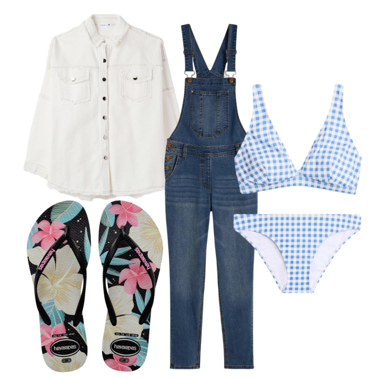 Outfit donna - Havaianas floral. Stile Vintage retrò per Mare. Abbinamento con salopette, bikini, bikini, cappotti, infradito.