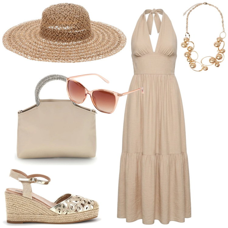 Outfit donna - Weekend. Stile Casual chic per Mare. Abbinamento con occhiali da sole, vestiti lunghi, collane, zeppe, cappelli, borse a mano.