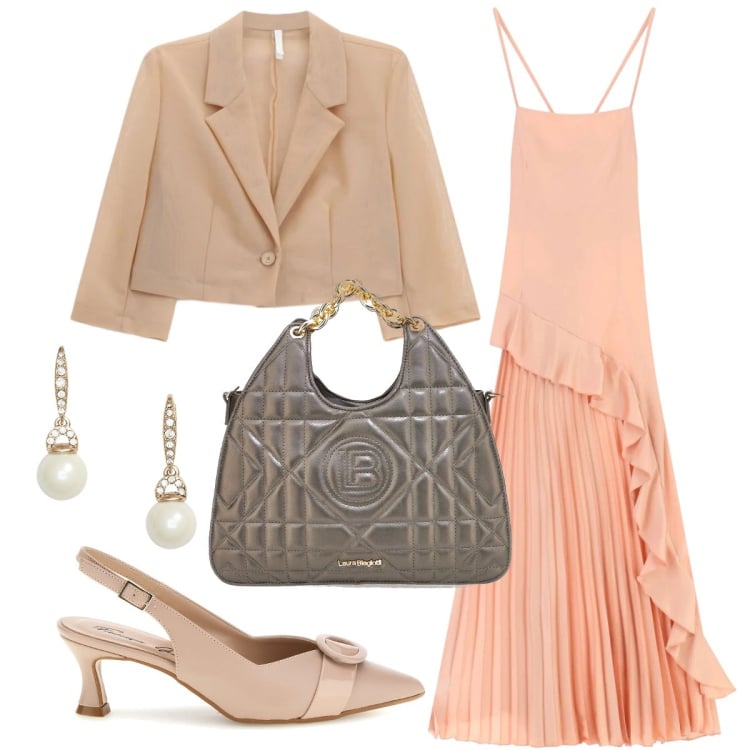 Outfit donna - Colori tenui per la cerimonia. Stile Chic per Cerimonia. Abbinamento con blazer, vestiti lunghi, orecchini, décolleté, borse a mano.