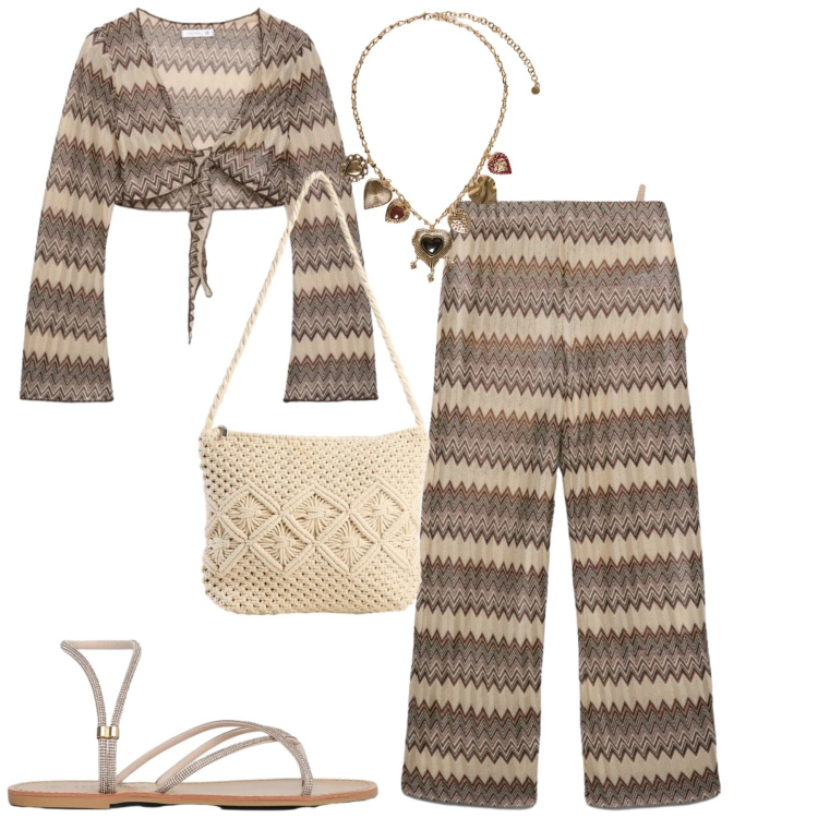 Outfit donna - 70. Stile 70s per Mare. Abbinamento con borse a tracolla, pantaloni, top, sandali, blazer, collane.