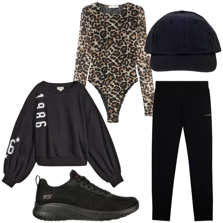 Outfit donna - Il body effetto leopardo. Stile Sporty chic per Tutti i giorni. Abbinamento con felpe, t-shirt, cappelli con visiera, pantaloni, sneakers.