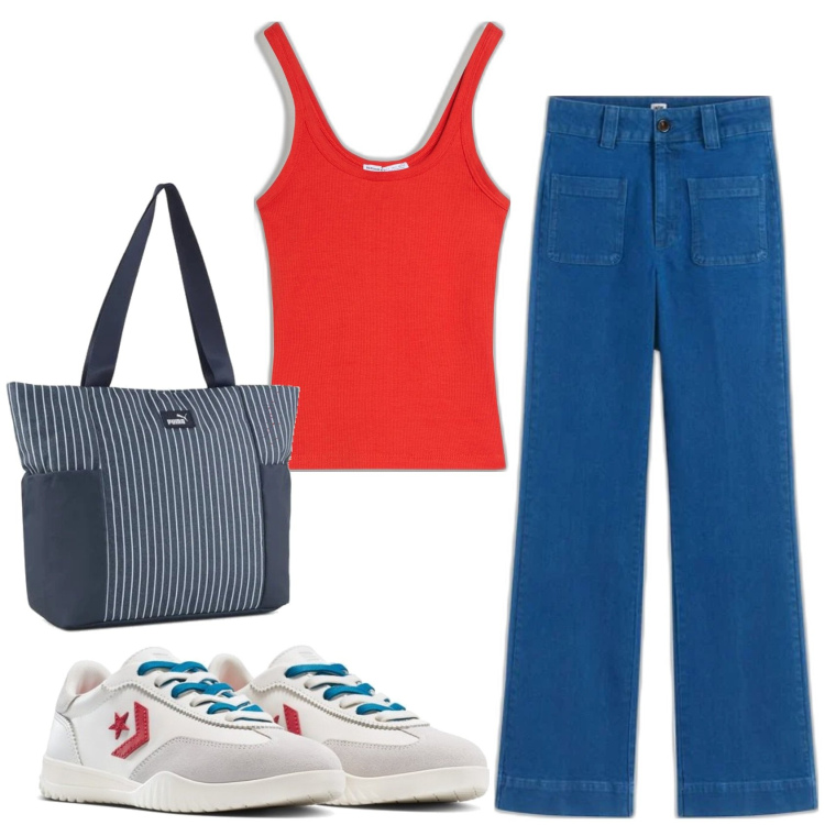 Outfit mujer - Casual. Estilo Casual para Todos los días. Combinación con bolso tote, sneakers, vaqueros bootcut, camiseta.