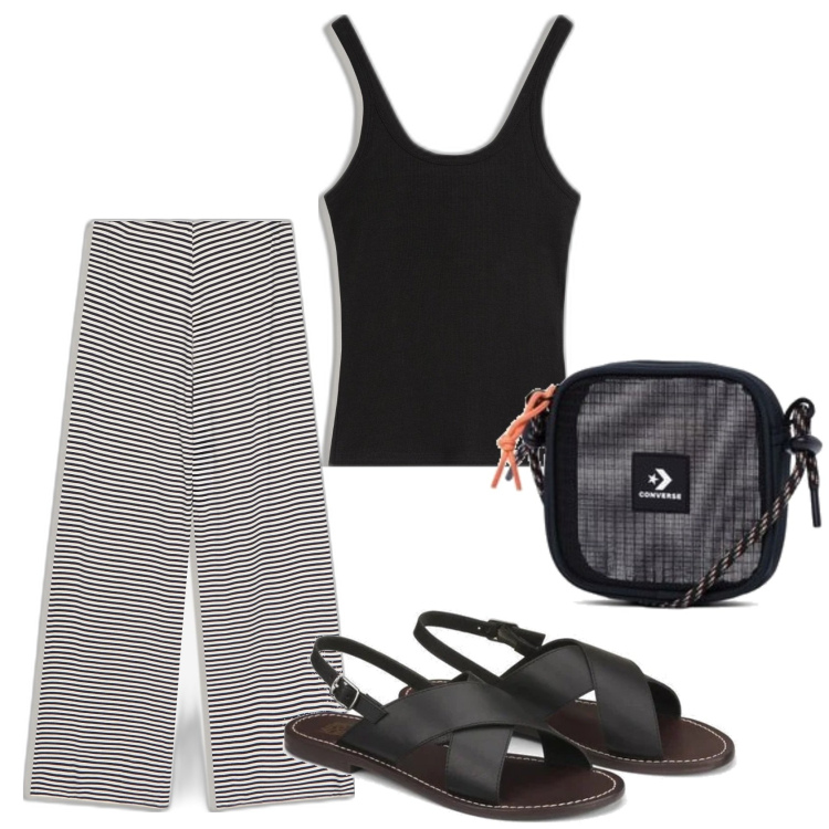 Outfit mujer - Casual. Estilo Casual para Todos los días. Combinación con bandoleras, sandalias de piel, camiseta, pantalones.