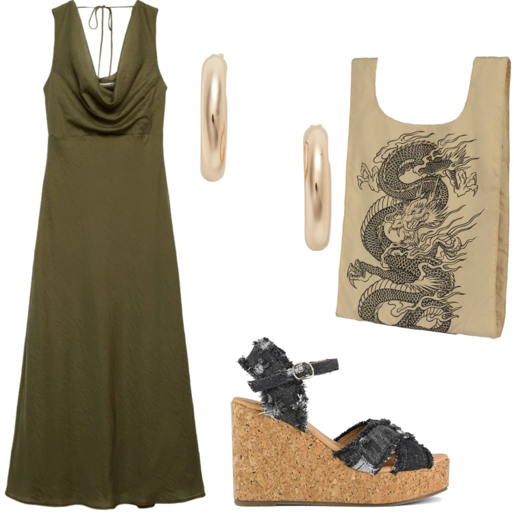 Outfit donna - La borsa china. Stile Bon Ton per Tutti i giorni. Abbinamento con vestiti lunghi, shopping bag, orecchini, zeppe.