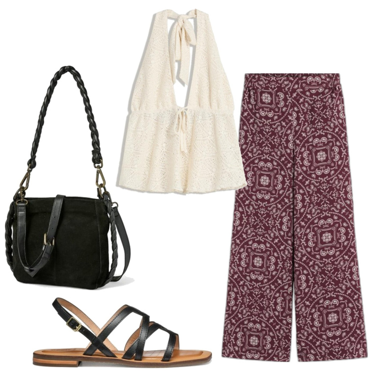 Outfit mujer - Bohemian. Estilo Boho para Todos los días. Combinación con sandalias de piel, top, pantalones, bandoleras.
