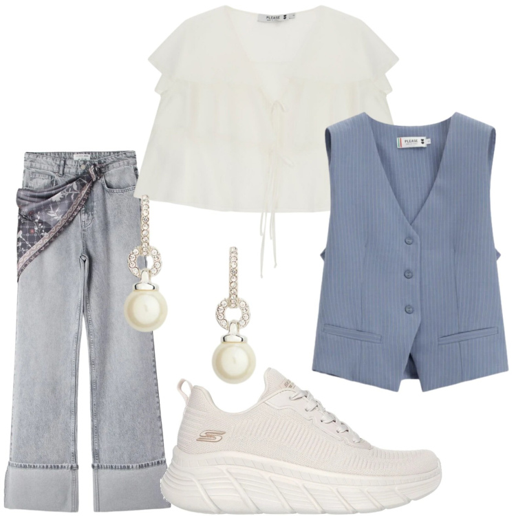 Outfit donna - Gilet fashion. Stile Casual per Tutti i giorni. Abbinamento con jeans, gilet, top, orecchini, sneakers alte.