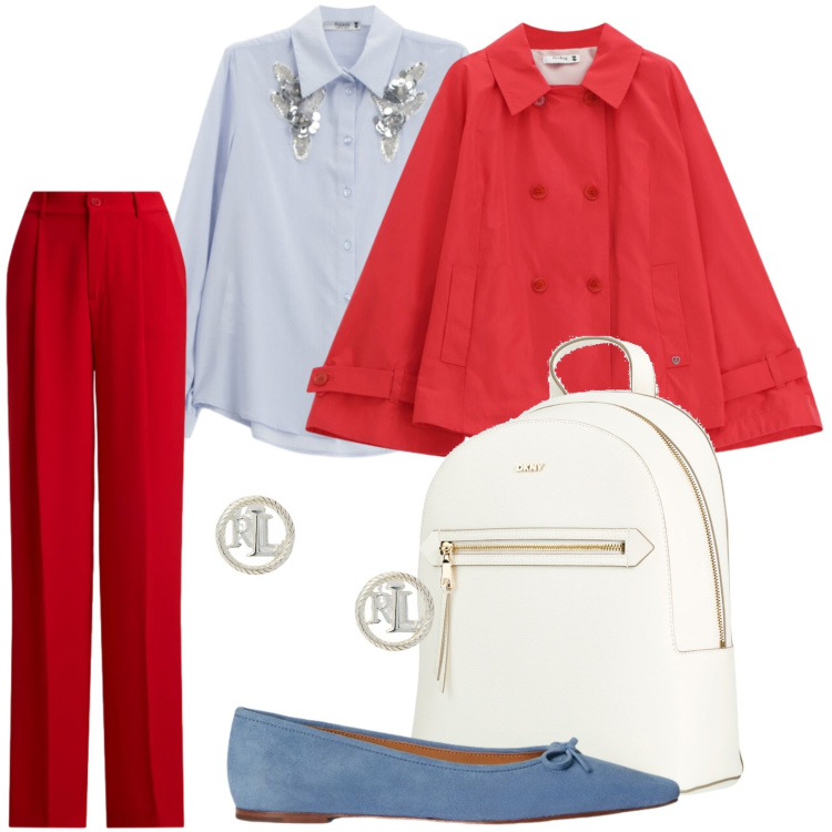 Outfit donna - Camicia con gioiello. Stile Bon Ton per Ufficio. Abbinamento con zaini, giacche, camicie, pantaloni, orecchini, ballerine.
