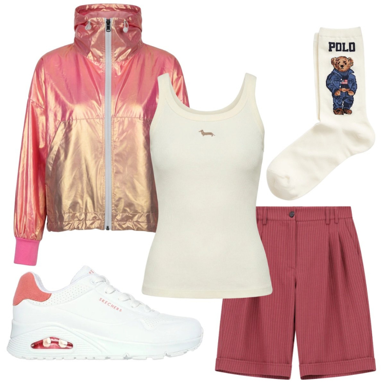 Outfit donna - Per il tempo libero. Stile Urban per Tutti i giorni. Abbinamento con canottiere, bermuda, bomber, calzini, sneakers.