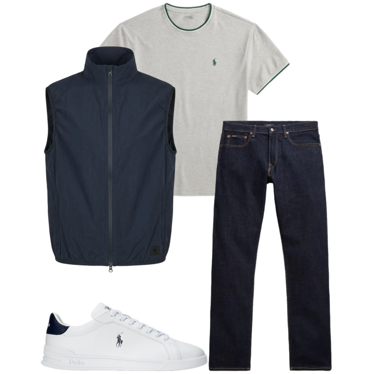 Outfit uomo - Total look #2393198. Stile Casual per Tutti i giorni. Abbinamento con gilet, sneakers, jeans, t-shirt.