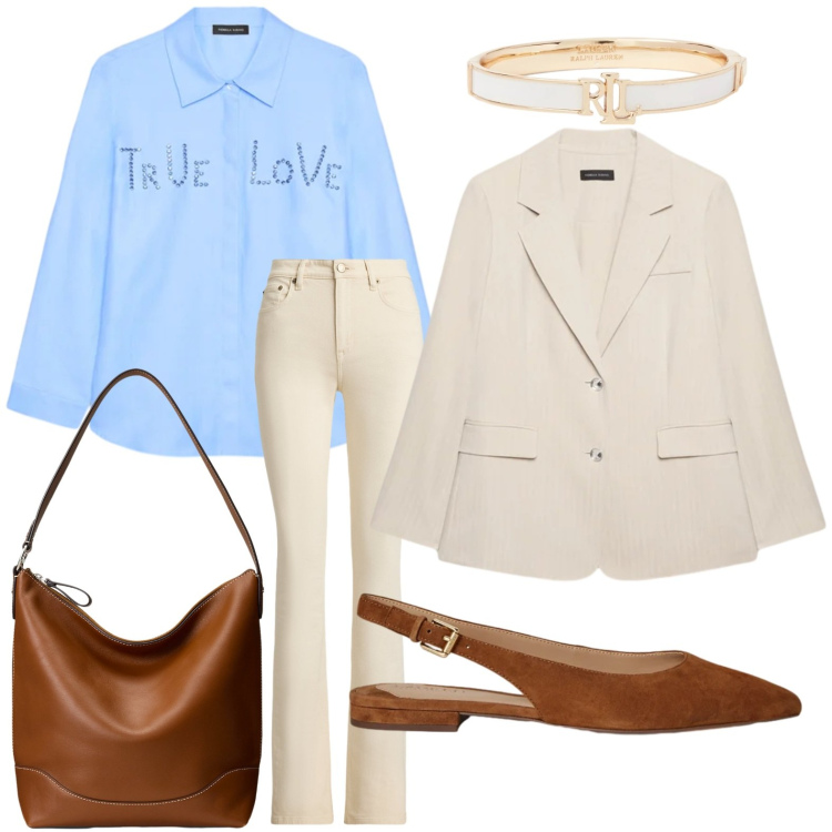 Outfit donna - Work time. Stile Bon Ton per Ufficio. Abbinamento con blazer, camicie, borse a secchiello, jeans bootcut, braccialetti, ballerine.