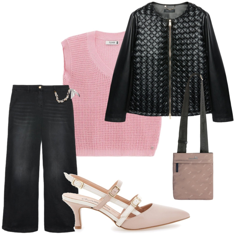 Outfit donna - Stile grintoso. Stile Casual per Tutti i giorni. Abbinamento con jeans, blazer, top, borse a tracolla, décolleté.