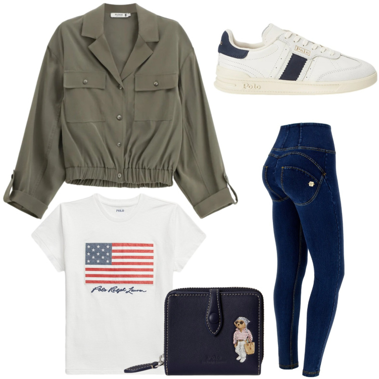 Outfit donna - American girl. Stile Basic per Tutti i giorni. Abbinamento con camicie, jeggings, sneakers, t-shirt, portafogli.