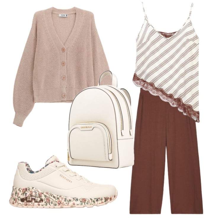 Outfit donna - Il top asimmetrico con il pizzo. Stile Urban per Tutti i giorni. Abbinamento con zaini, top, cardigans, pantaloni, sneakers alte.