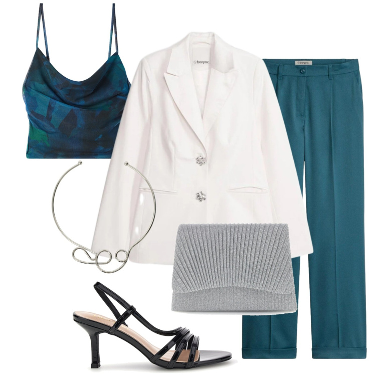 Outfit donna - La stagione delle cerimonie. Stile Chic per Cerimonia. Abbinamento con blazer, pantaloni, canottiere, collane, sandali col tacco, pochette.