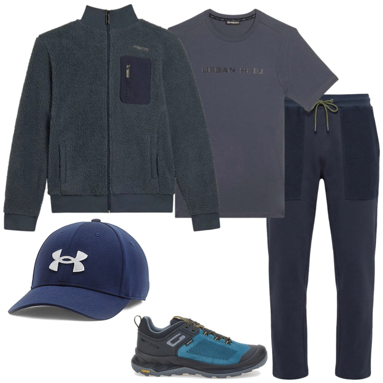 Outfit uomo - Passeggiata in montagna. Stile Casual per Sport. Abbinamento con pantaloni, felpe, t-shirt, cappelli, scarpe sportive.