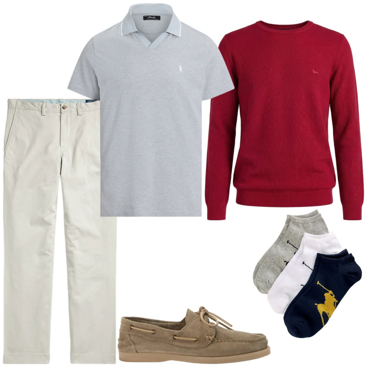 Outfit uomo - In viaggio con papà. Stile Casual per Tutti i giorni. Abbinamento con pullovers, scarpe stringate, calzini, pantaloni, polo.