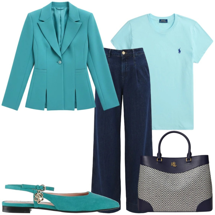 Outfit donna - Giacca elegante su denim. Stile Chic per Ufficio. Abbinamento con ballerine, blazer, jeans dritti, borse a mano, t-shirt.
