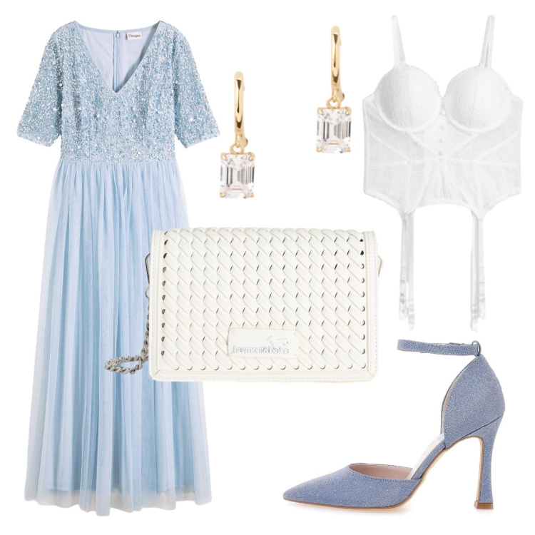 Outfit donna - Testimone di nozze - Curvy. Stile Chic per Cerimonia. Abbinamento con vestiti, body, borse a tracolla, orecchini, décolleté.