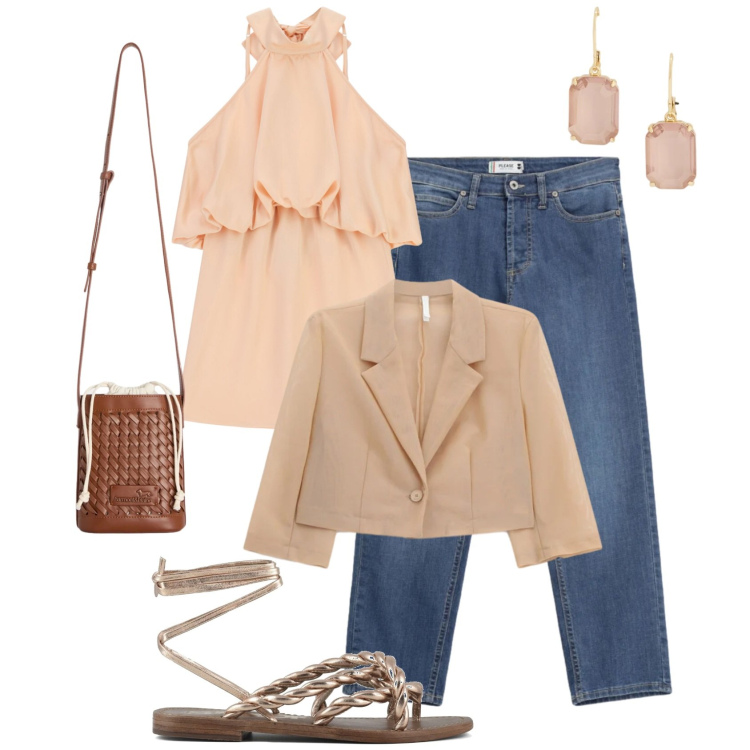 Outfit donna - Peach blush. Stile Glamour per Tutti i giorni. Abbinamento con borse a secchiello, jeans, blazer, vestiti corti, orecchini, sandali in pelle.