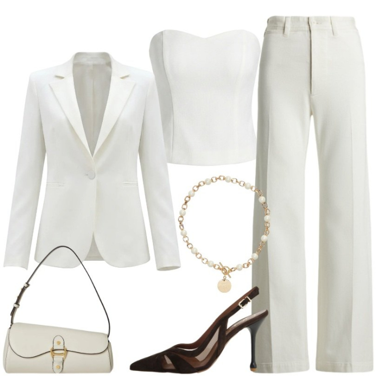 Outfit donna - Cerimonia in total white. Stile Chic per Cerimonia. Abbinamento con top, blazer, décolleté, collane, pantaloni, borse a spalla.