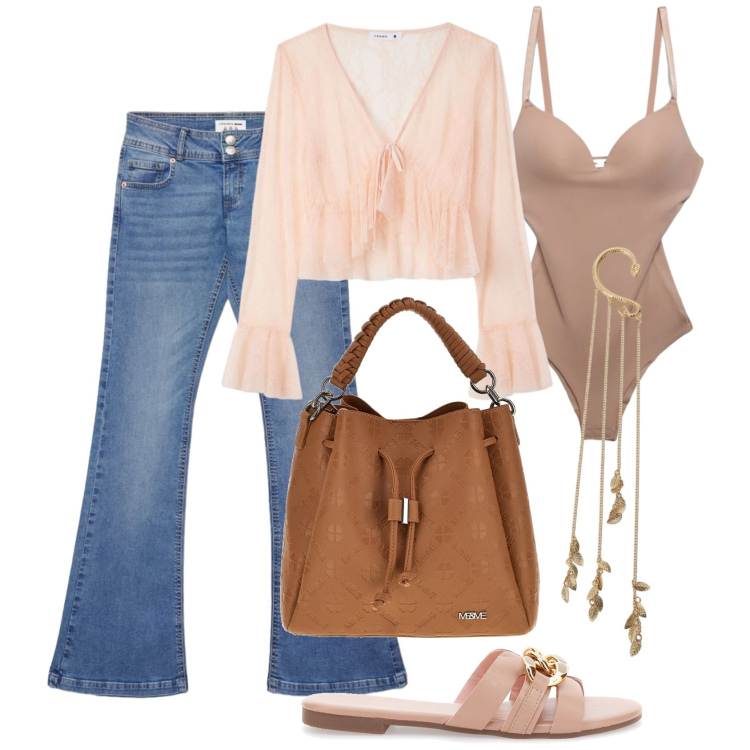 Outfit donna - Peach blush. Stile Boho per Tutti i giorni. Abbinamento con body, jeans a zampa, bluse, orecchini, borse a tracolla, ciabatte.