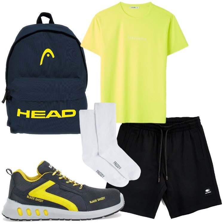 Outfit uomo - Lunedì in palestra. Stile Casual per Sport. Abbinamento con t-shirt sportive, calzini, borse sportive, scarpe sportive, bermuda.
