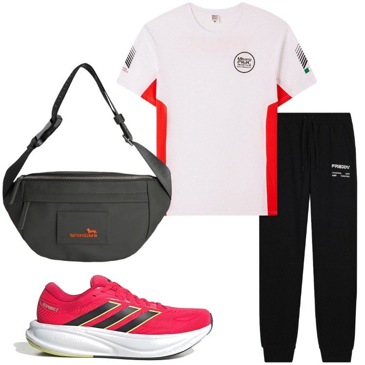 Outfit uomo - Un corsa al parco. Stile Casual per Sport. Abbinamento con t-shirt sportive, borse sportive, pantaloni, scarpe sportive.