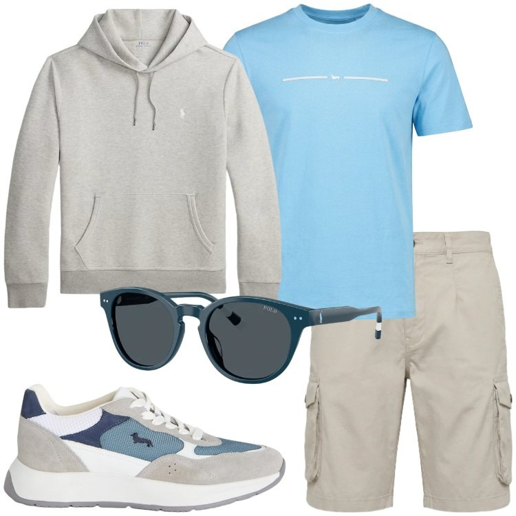 Outfit uomo - Comodo con le bermuda cargo. Stile Casual per Tutti i giorni. Abbinamento con sneakers, t-shirt sportive, bermuda, occhiali da sole, felpe con cappuccio.