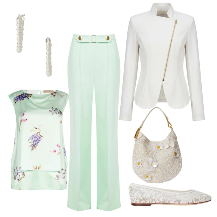 Outfit donna - Matrimonio. Stile Chic per Cerimonia. Abbinamento con pantaloni, top, blazer, ballerine, orecchini, pochette.
