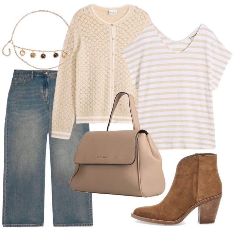 Outfit donna - I jeans slavati - Curvy. Stile Casual chic per Tutti i giorni. Abbinamento con zaini, cardigans, t-shirt, cinture, jeans, stivaletti.