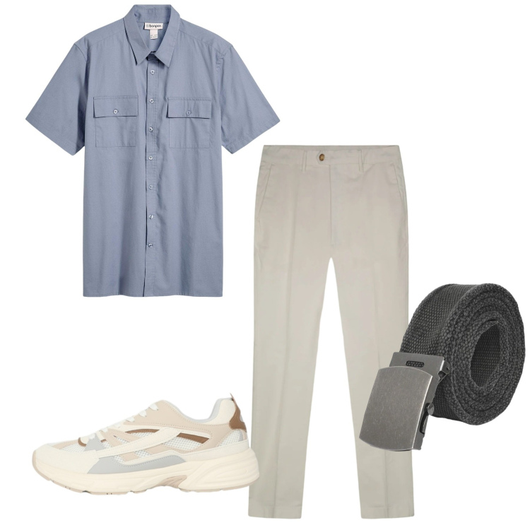 Outfit uomo - A maniche corte. Stile Casual per Tutti i giorni. Abbinamento con camicie a manica corta, cinture, sneakers, pantaloni.