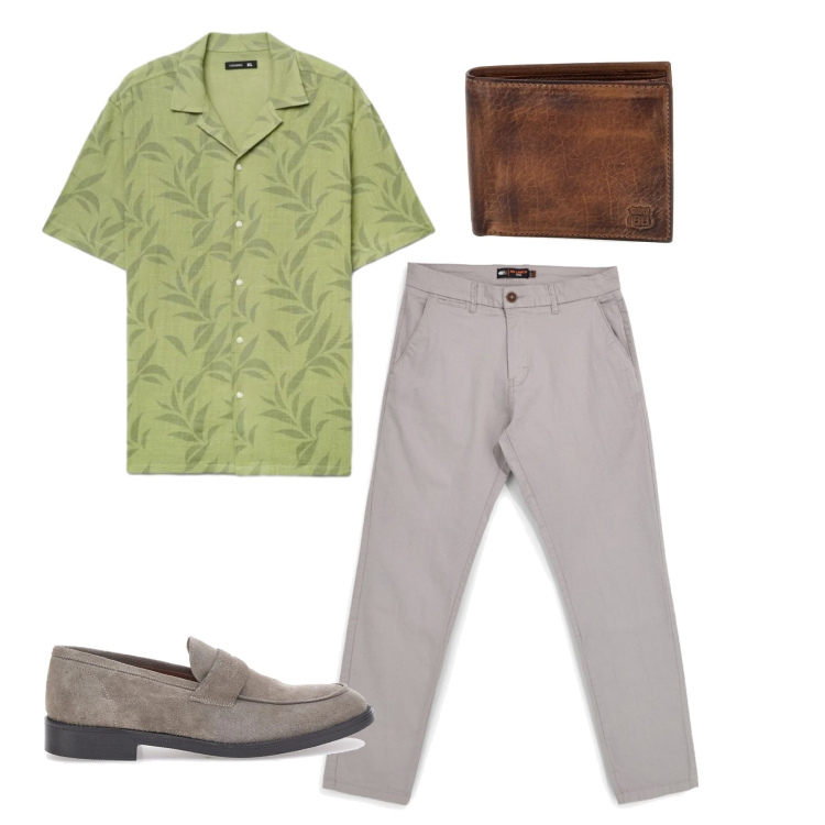 Outfit uomo - Pistacchio. Stile Casual per Tutti i giorni. Abbinamento con camicie a manica corta, scarpe stringate, pantaloni, portafogli.