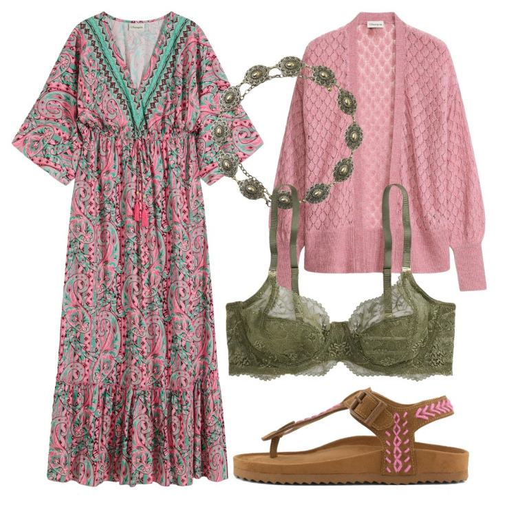 Outfit donna - Etnico romantico - Curvy. Stile Etnico per Tutti i giorni. Abbinamento con vestiti lunghi, cardigans, cinture, reggiseni, infradito.