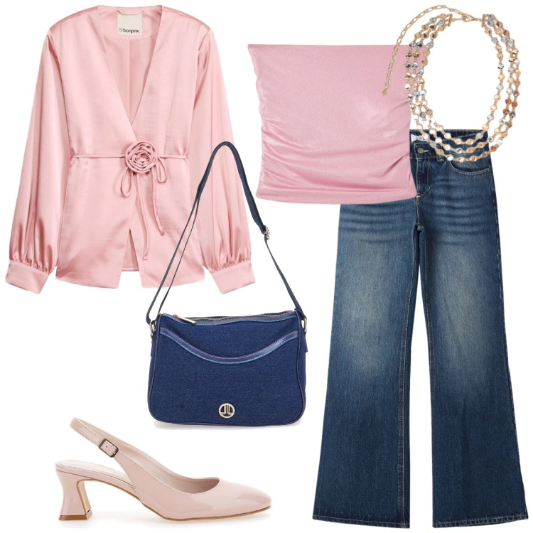 Outfit donna - Il jeans diventa chic. Stile Casual chic per Tutti i giorni. Abbinamento con blazer, top, jeans, collane, borse a tracolla, décolleté.