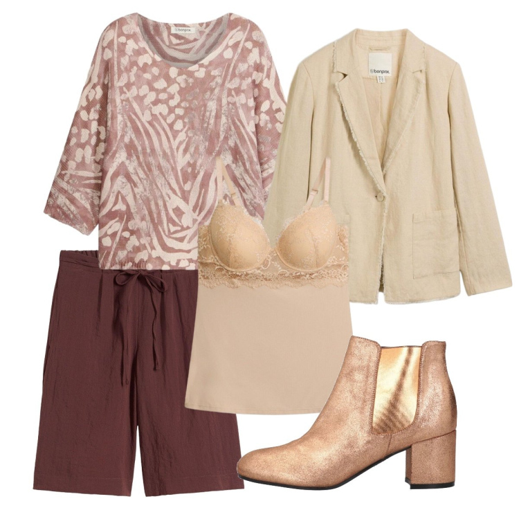 Outfit donna - I bermuda marroni - Curvy. Stile Bon Ton per Tutti i giorni. Abbinamento con stivaletti chelsea, bermuda, t-shirt, blazer, body.