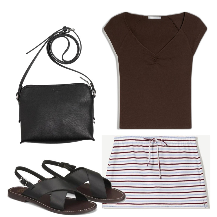Outfit mujer - Casual. Estilo Casual para Todos los días. Combinación con bolsos saco, sandalias de piel, faldas, camiseta.