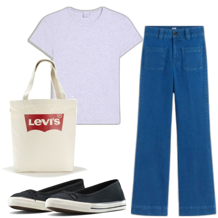 Outfit mujer - Casual. Estilo Casual para Todos los días. Combinación con bolso tote, bailarinas, vaqueros bootcut, camiseta.