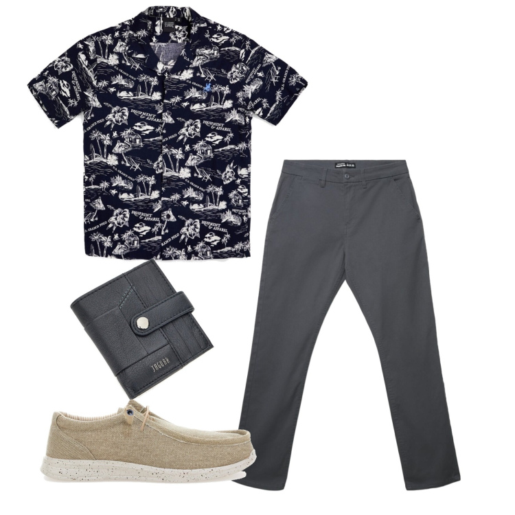 Outfit uomo - Summer blue. Stile Casual per Tutti i giorni. Abbinamento con pantaloni chino, portafogli, scarpe stringate, camicie a manica corta.
