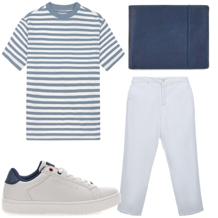 Outfit uomo - Il Fascino delle Righe Orizzontali. Stile Trendy per Tutti i giorni. Abbinamento con pantaloni chino, portafogli, sneakers, t-shirt.